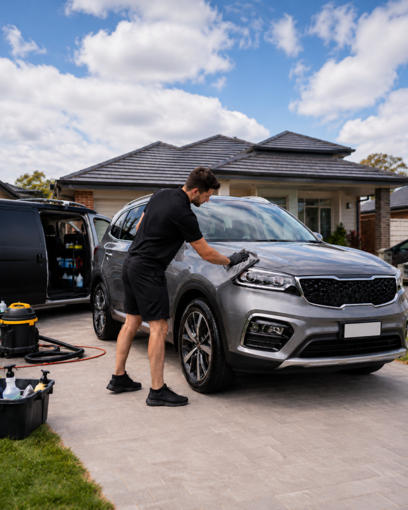 Car detailer cleaning a vehicle for Parramatta and Greater Western Sydney car detailing request