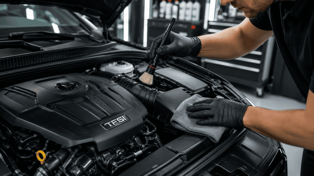 Detailer safely cleaning a car engine bay by hand.