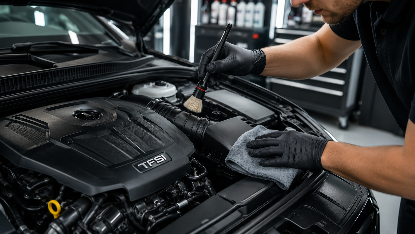Detailer safely cleaning a car engine bay by hand.