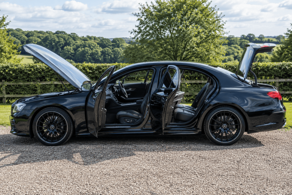 Full car detailing service on black luxury sedan with doors, bonnet and boot open outdoors