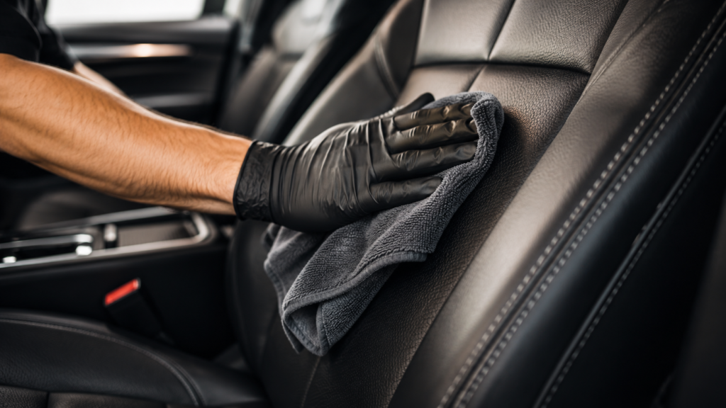 Detailer cleaning and protecting leather car seats with a microfibre cloth.