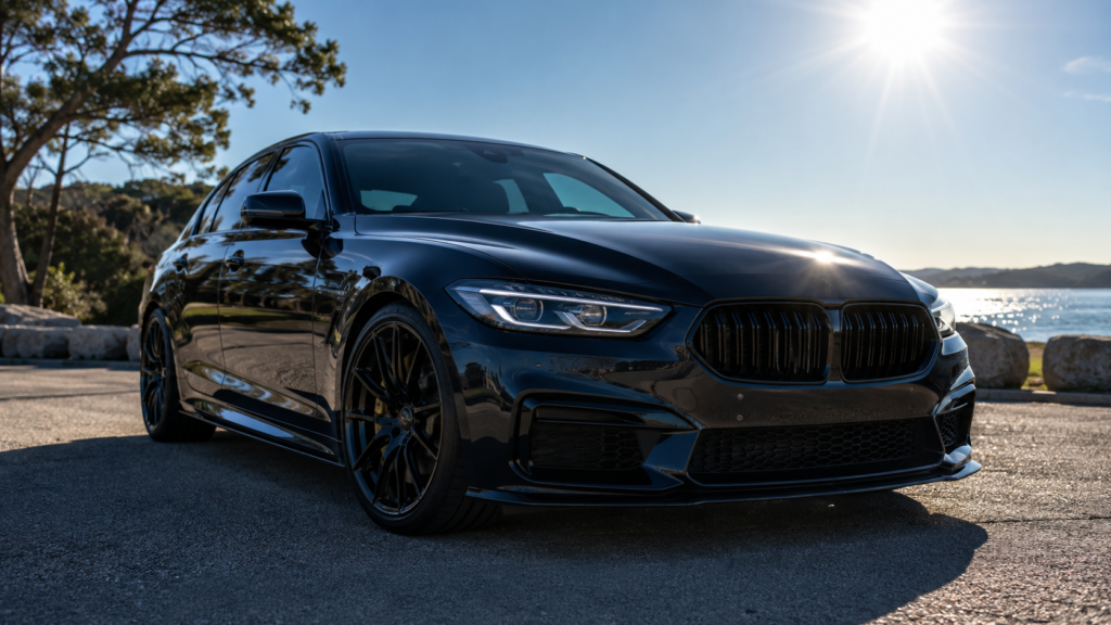 Dark car in direct sunlight showing glossy paint and bonnet reflections