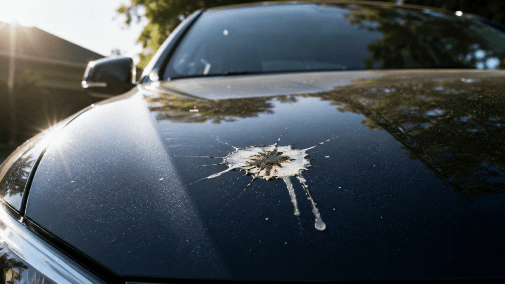Bird dropping on dark car paint in sunlight showing potential paint damage