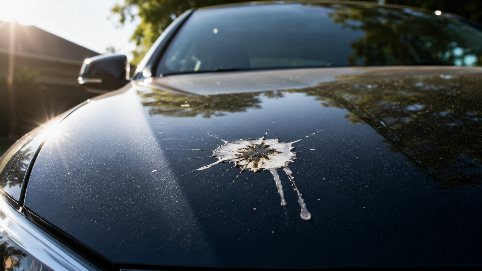 Bird dropping on dark car paint in sunlight showing potential paint damage