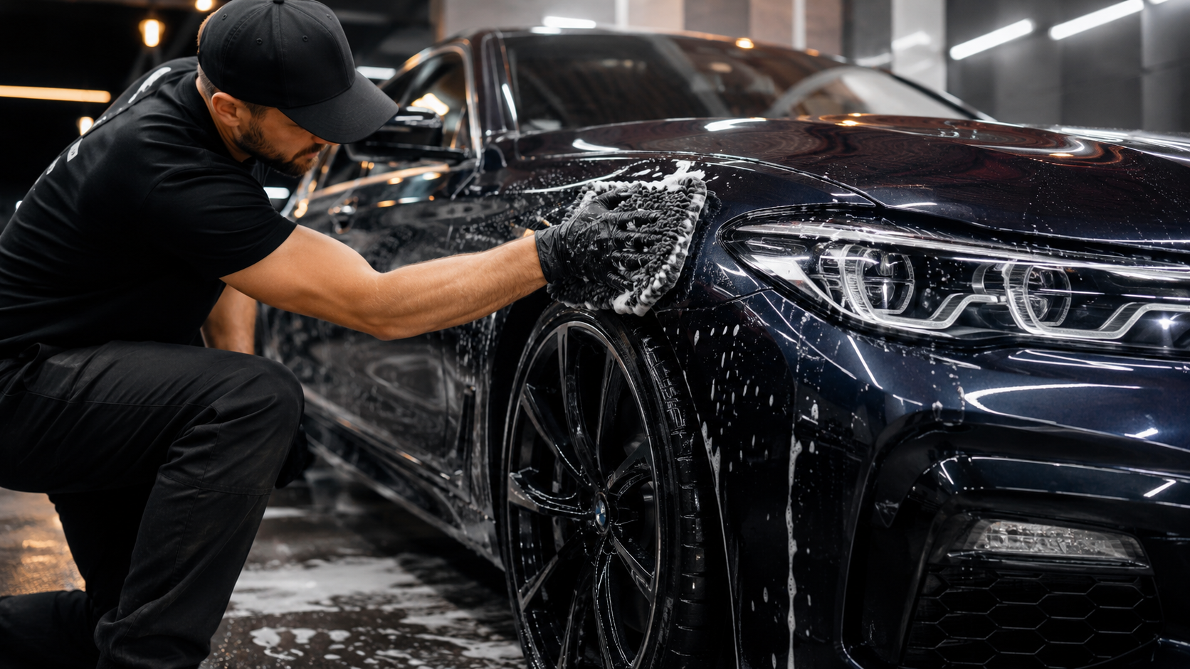 Detailer hand washing a car to maintain clean and protected paint.