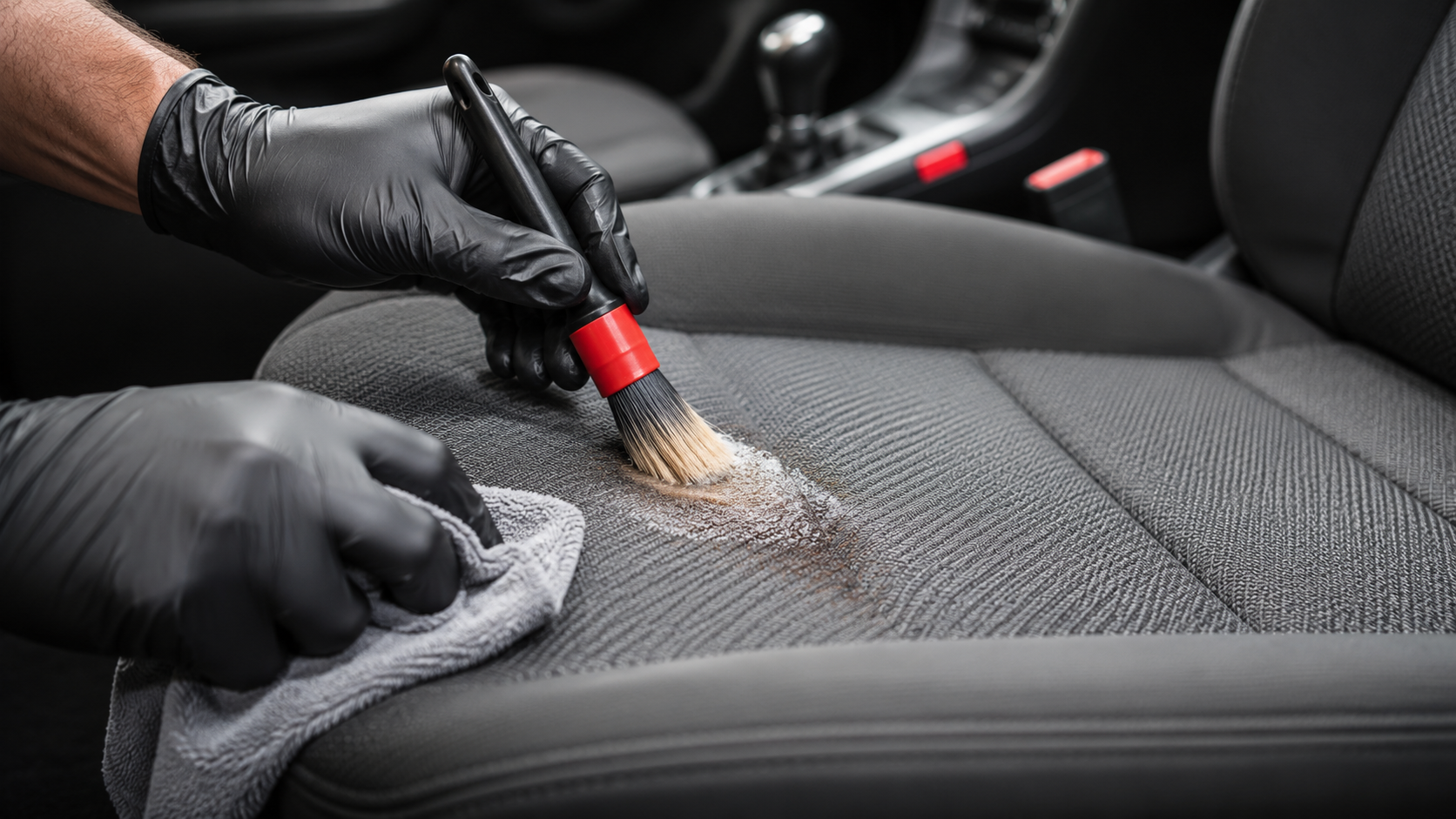 Detailer removing stains from fabric car seats.