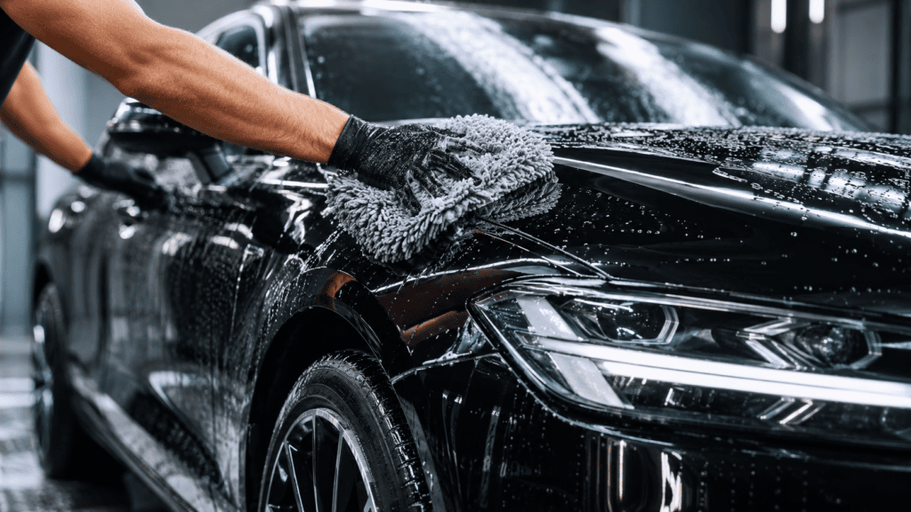 Black car being washed by hand during a professional car detailing service