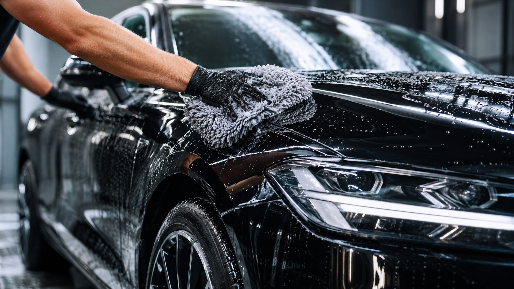 Black car being washed by hand during a professional car detailing service