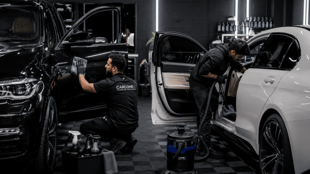 Professional detailer cleaning a car during a mini detail or full detail service.