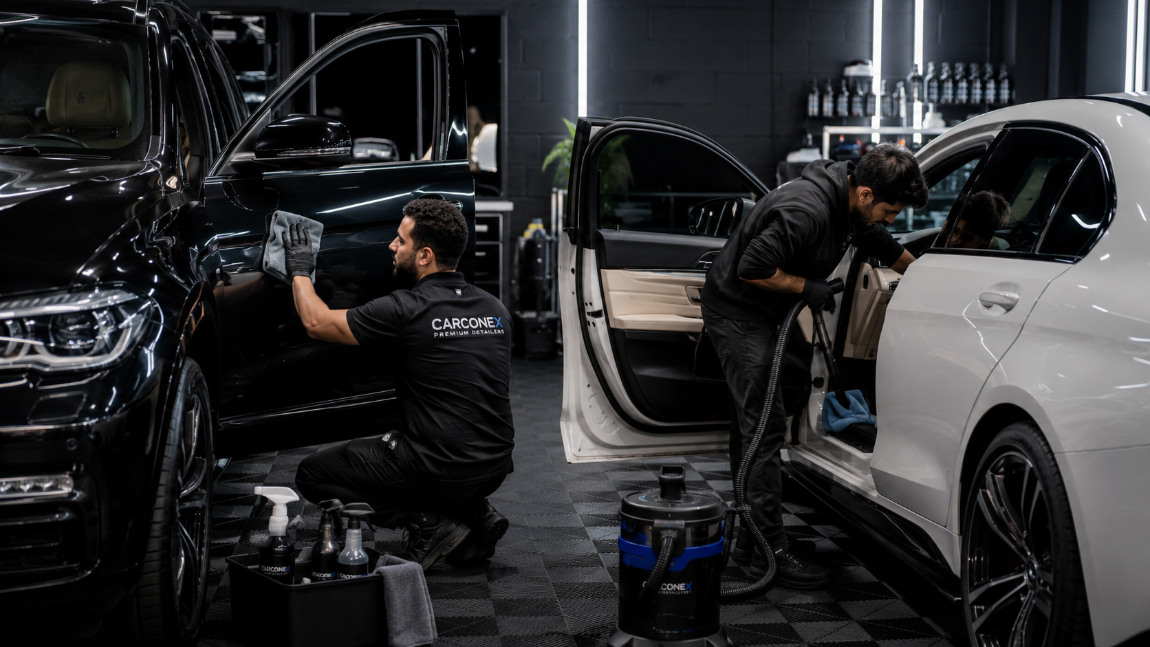 Professional detailer cleaning a car during a mini detail or full detail service.