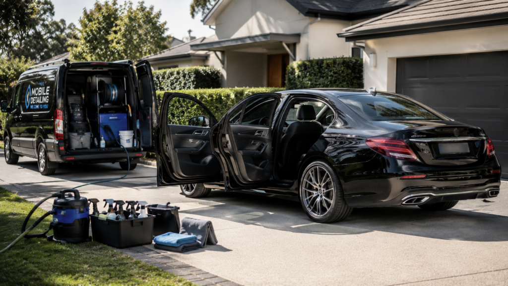 Car prepared in a driveway before a mobile detailing appointment.