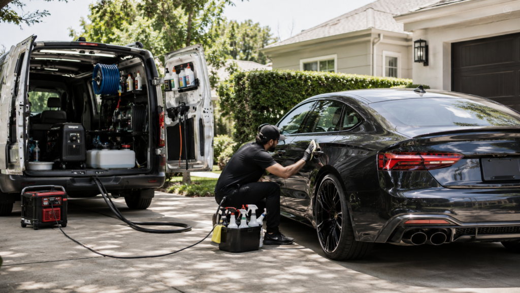 Mobile detailer bringing water and power equipment to clean a car at home.