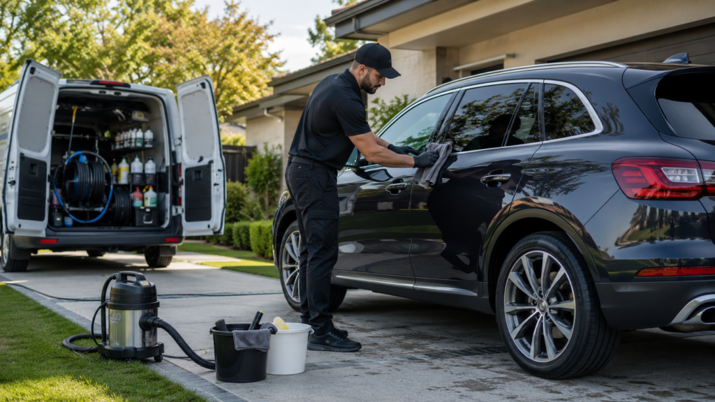 Mobile car detailer cleaning a vehicle at the customer’s location.