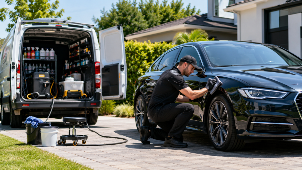 Mobile car detailer cleaning a vehicle compared with a detailing shop service.