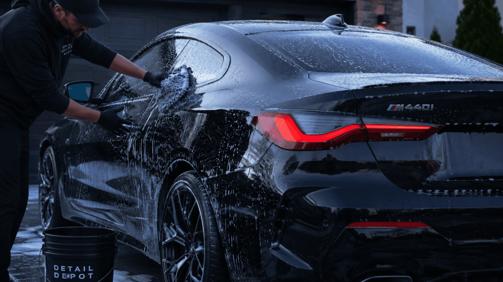 Detailer washing a car in the shade to prevent water spots.