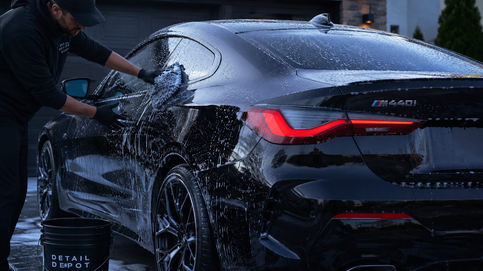 Detailer washing a car in the shade to prevent water spots.