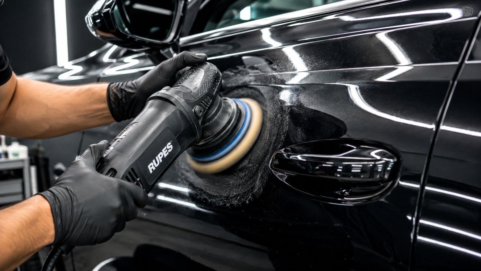 Detailer performing paint correction on a car panel with a polishing machine.