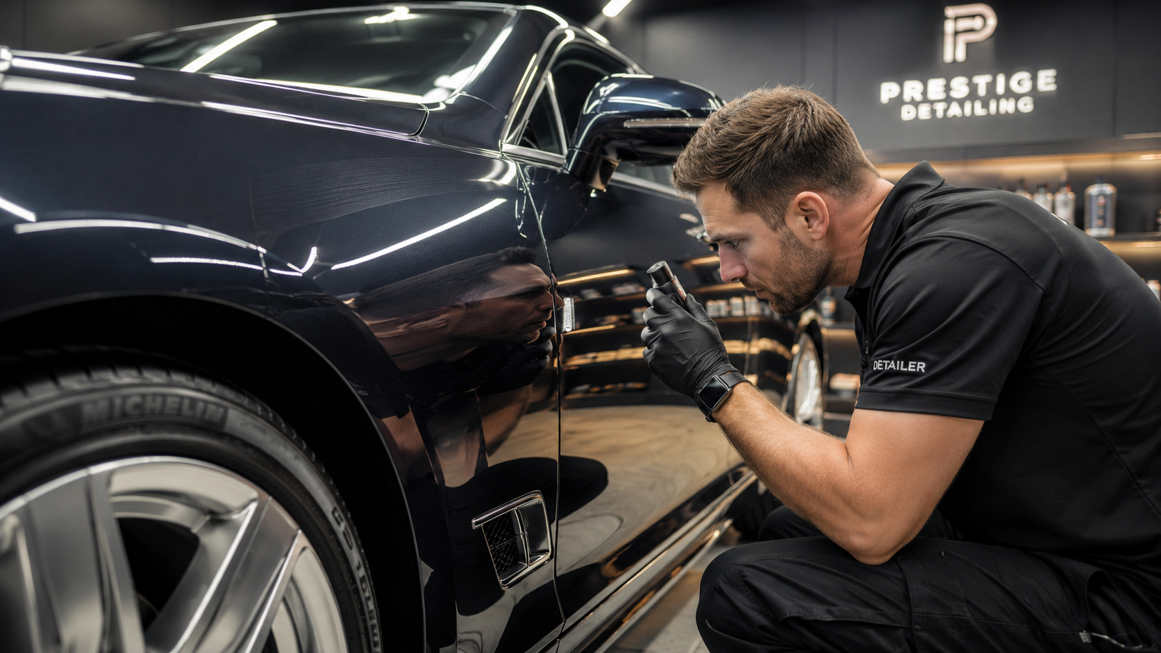 Detailer inspecting protected car paint before resale.