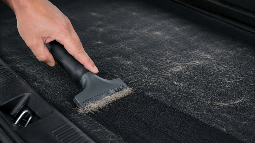 Detailer removing pet hair from car seats and carpet.