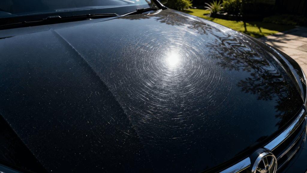 Dark car bonnet showing swirl marks in sunlight before paint correction
