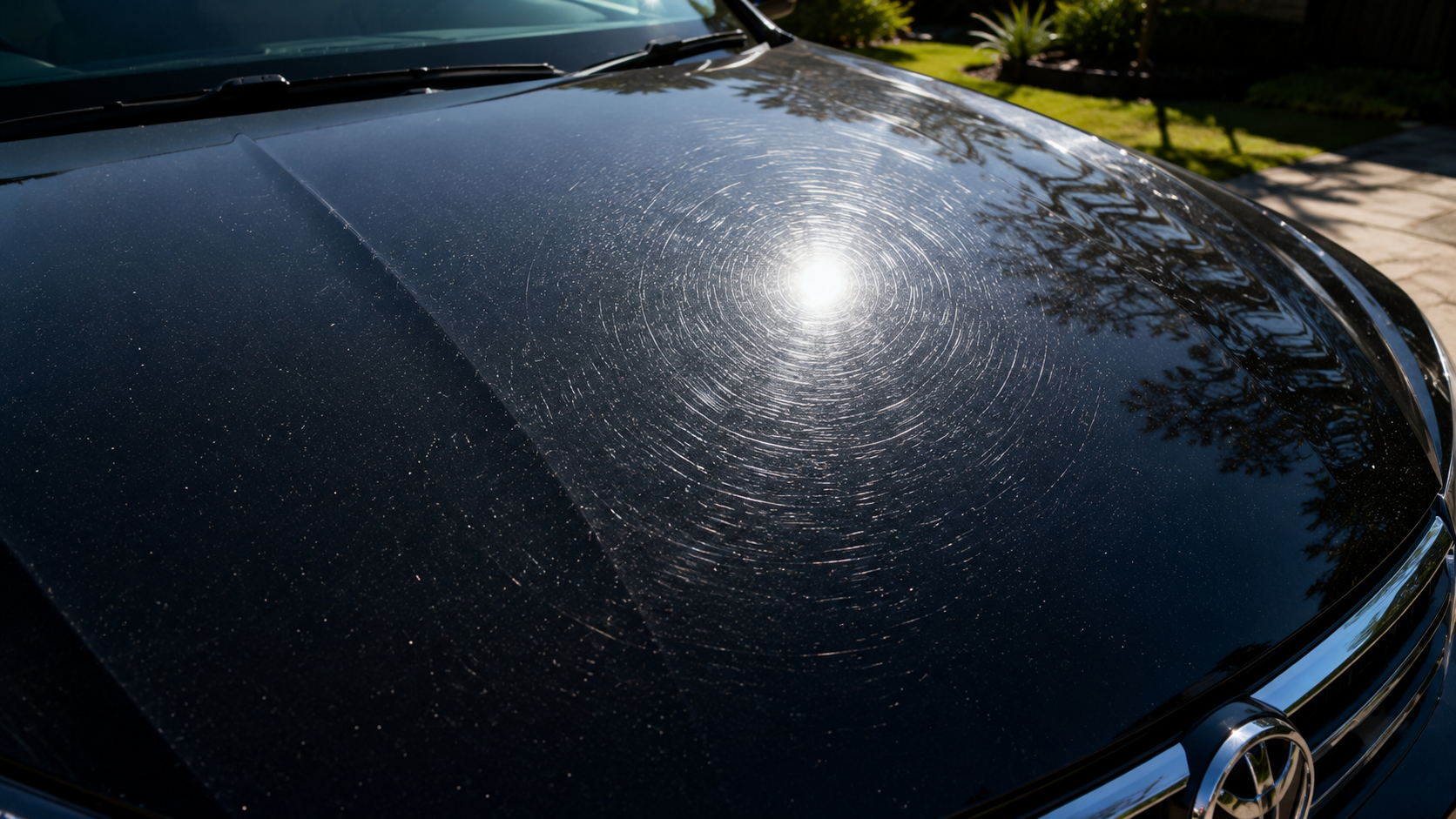 Dark car bonnet showing swirl marks in sunlight before paint correction